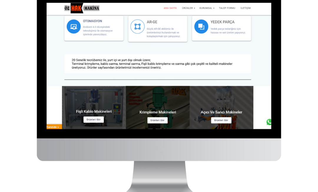 Özhak Makina, endüstriyel otomasyon makineleri üreten bir firma olarak, web sitesini sade ve işlevsel bir yapıda tasarlamıştır. Site, kullanıcı dostu bir navigasyon sunarak ürün kategorilerini net bir şekilde ayırmaktadır. Her ürün sayfasında, teknik özellikler ve kullanım alanları detaylı bir şekilde belirtilmiştir. Mobil uyumlu tasarımı sayesinde her cihazda sorunsuz erişim sağlanmaktadır. Ayrıca, iletişim ve talep formu entegrasyonları ile kullanıcı etkileşimi kolaylaştırılmıştır.